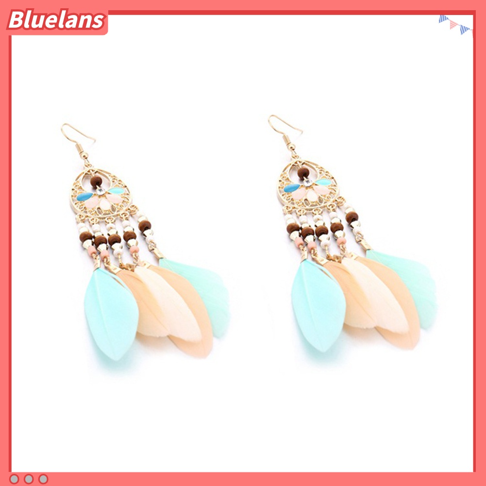 Anting Rumbai Bulu Manik-Manik Oval Warna-Warni Model Hollow Out Gaya Boho Untuk Wanita