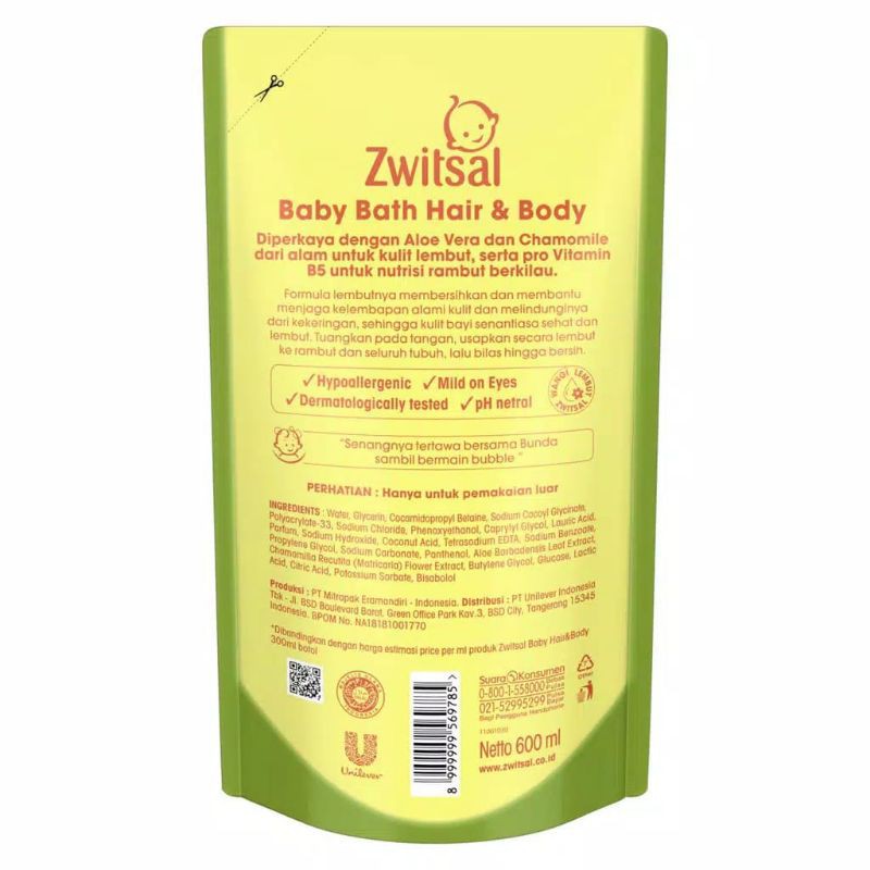 Zwitsal Baby Bath 2 in 1 Hair and Body Aloe Vera Refill 600ml
