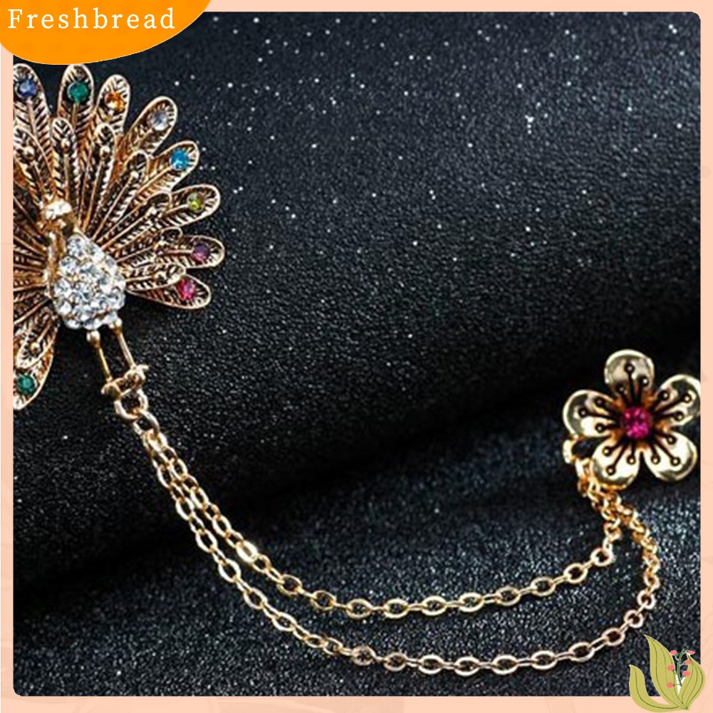 [ TERLARIS]Women Cubic Zirconia Inlaid Peacock Flower Double Chain Tassel Brooch Pin Gift