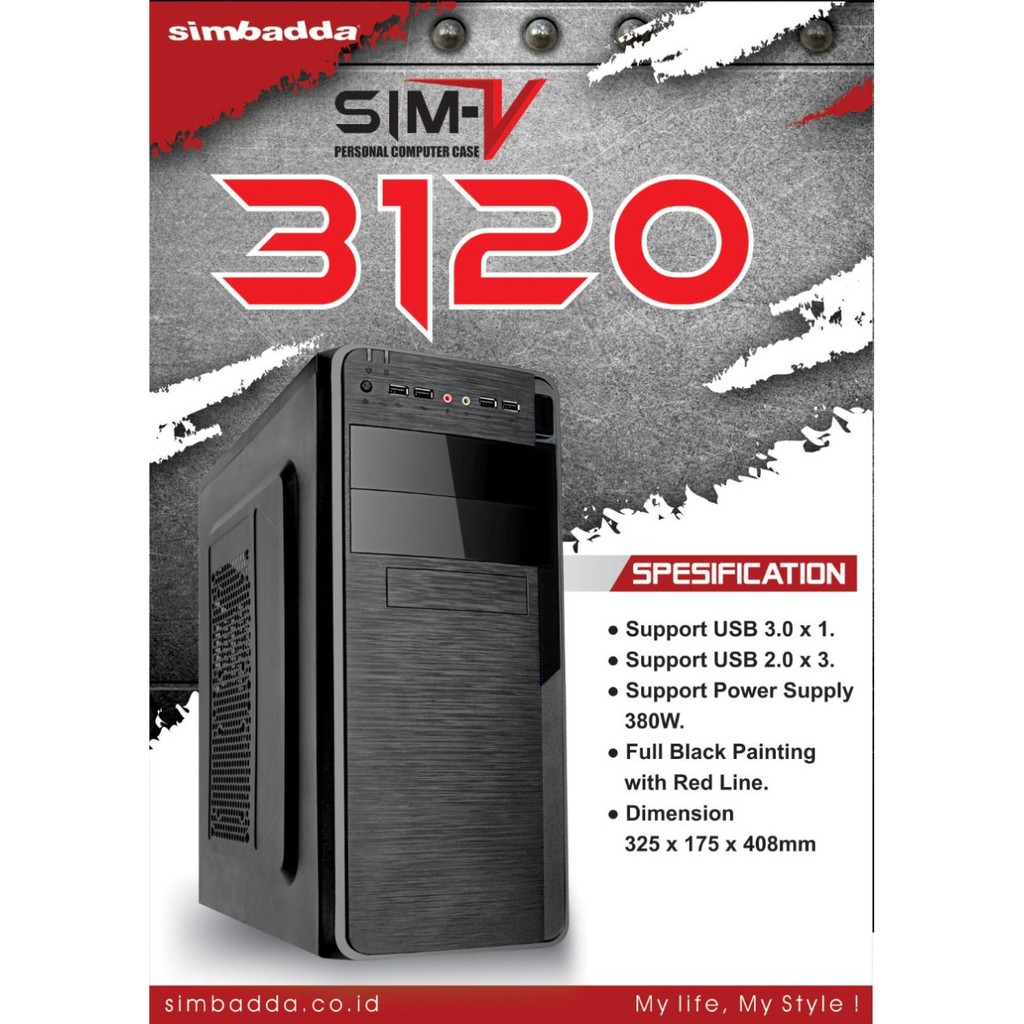 Casing PC Simbadda Sim V 3120 Full Black Design + PSU 380 Watt