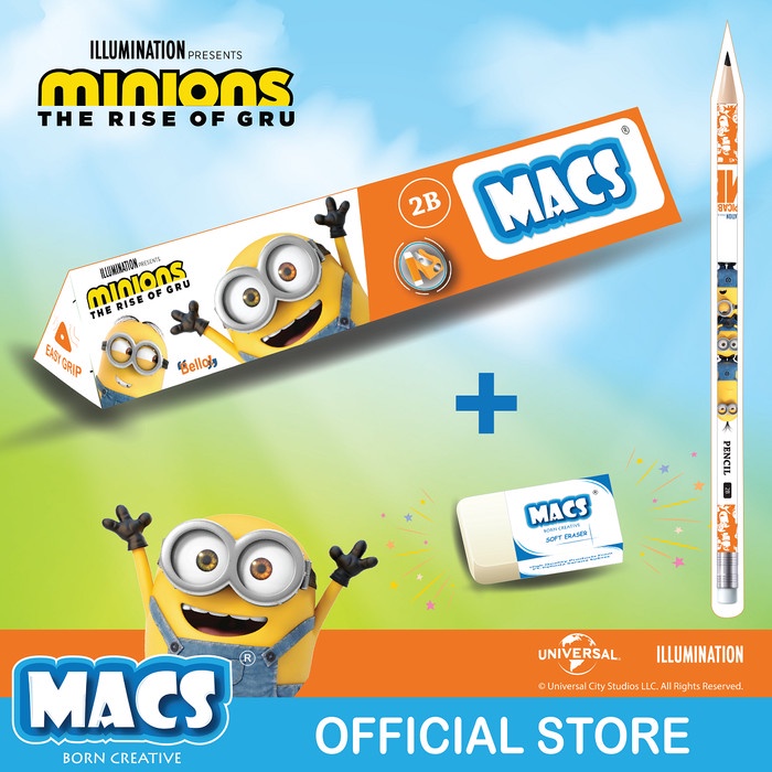 

Basic Bundle Pensil 2B hitam segitiga Macs Minions + Penghapus Eraser