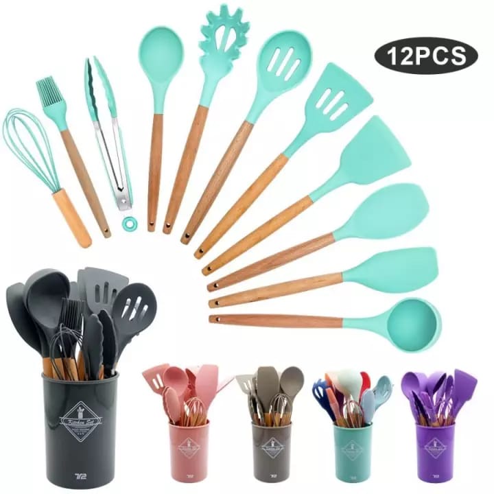 Jual Spatula Set Silikon 12 In 1 Set Silicone Kitchen Set Utensil Spatula Cooking Bpa Free - Alat Masak Dapur Silikon Gagang Kayu Indonesia|Shopee Indonesia