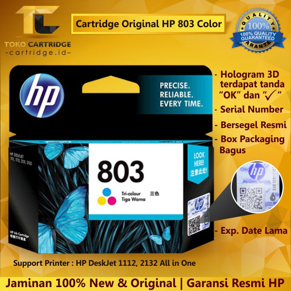 Cartridge HP 803 Tri-Colour Original Color Ink Catridge F6V20AA Katrid Tinta Warna Printer 1111 1112