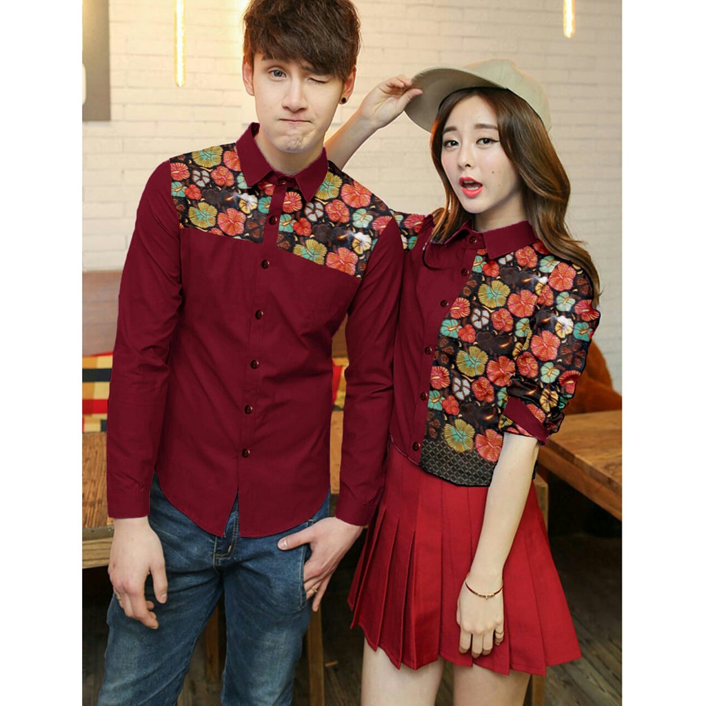 Couple Kemeja  Quely Maroon  lengan panjang katun stretch 