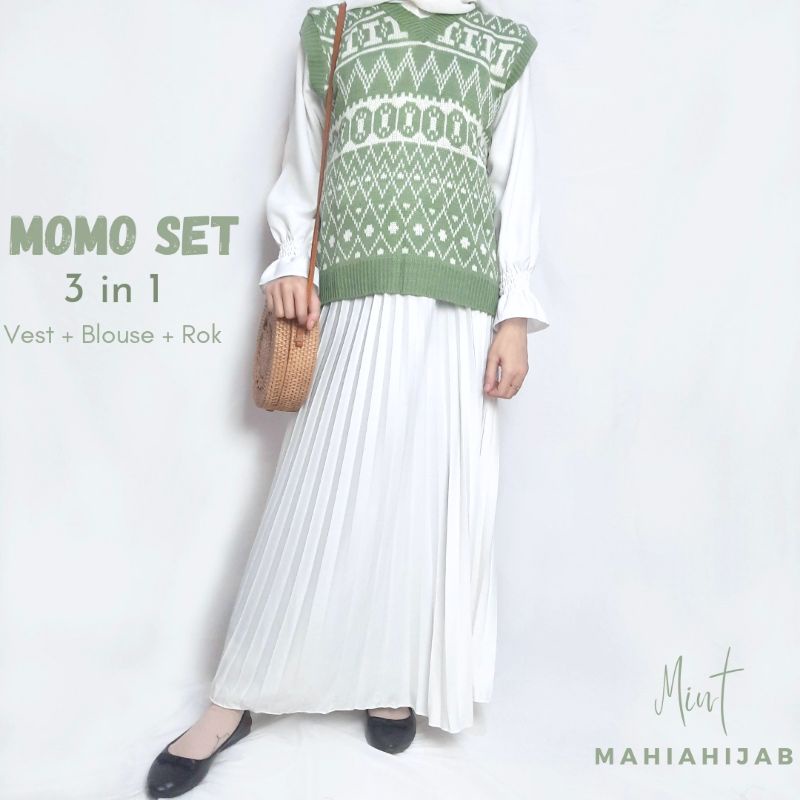 Momo Set 5in1 Blouse + Vest rajut + Rok plisket + Hijab Bella OOTD korean style murah setelan rajut , PAKET HEMAT , SETELAN LENGKAP