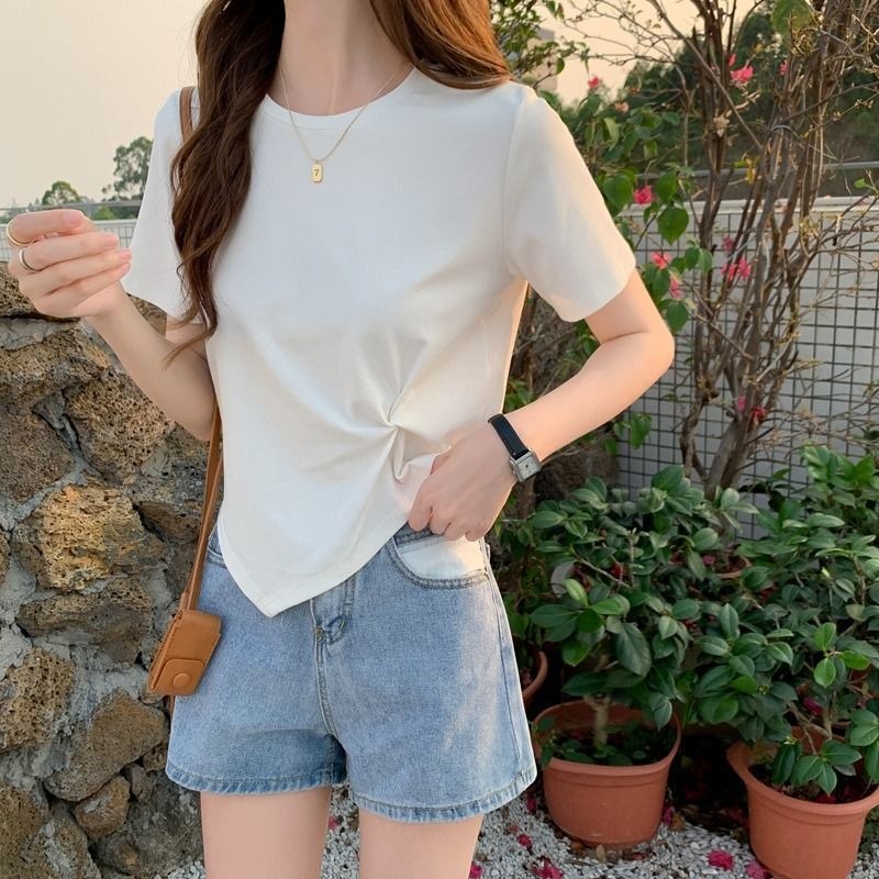 baju atasan wanita import lengan pendek twisted t-shirt korea style kemeja hitam crop blouse