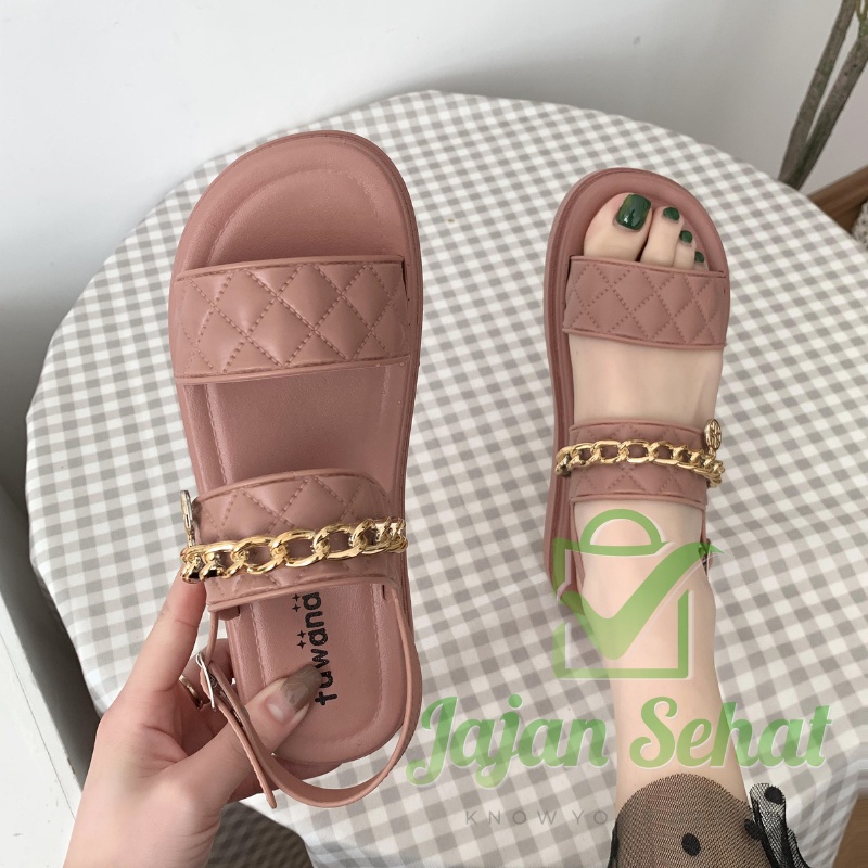 Sandal Tawana Women Casual Tali 2in1 Gold Chain Sendal Wanita LD25