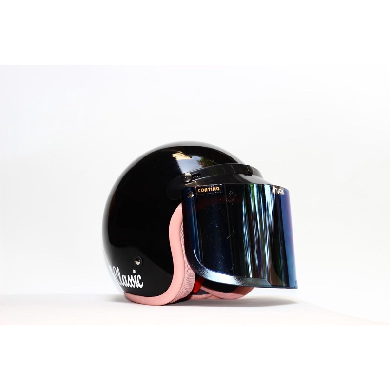 (BISA BAYAR DI TEMPAT)Helm bogo retro pria dan wanita hijab classic original sni trendy list pink hitam glossy list pink kaca datar (BISA COD)-HG list pink kdbiru