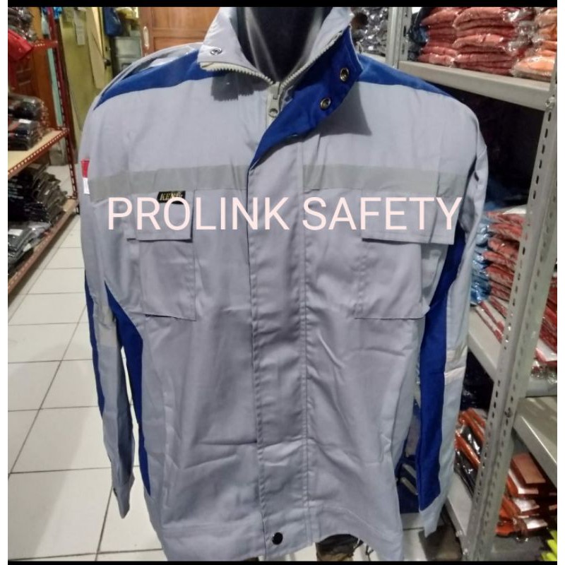 SERAGAM BAJU SAFETY SEMI JAKET FREE LOGO BENDERA K3 BIRU ABU ABU