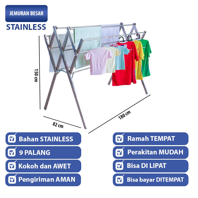 KB Jemuran Baju Pakaian Stainless Steel Stenlis A9  T 150cm P 180cm