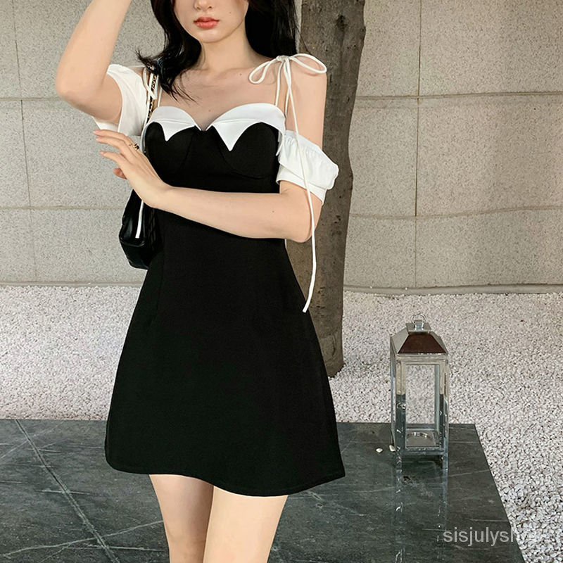 #Sisjuly# Wanita Lengan Pendek Rok Bertali Wanita Ramping Pinggang Tinggi Gaun Kontras Penyambungan