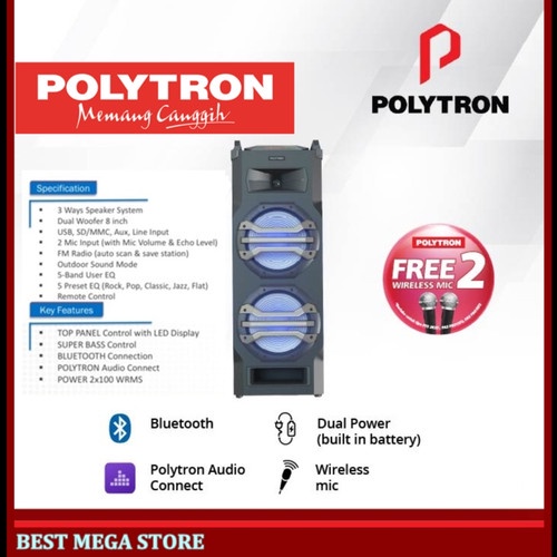 SPEAKER AKTIF POLYTRON PTS 2KF25 SPEAKER PORTABLE KARAOKE BLUETOOTH USA FREEE MIC 2 BH ADA RADIO