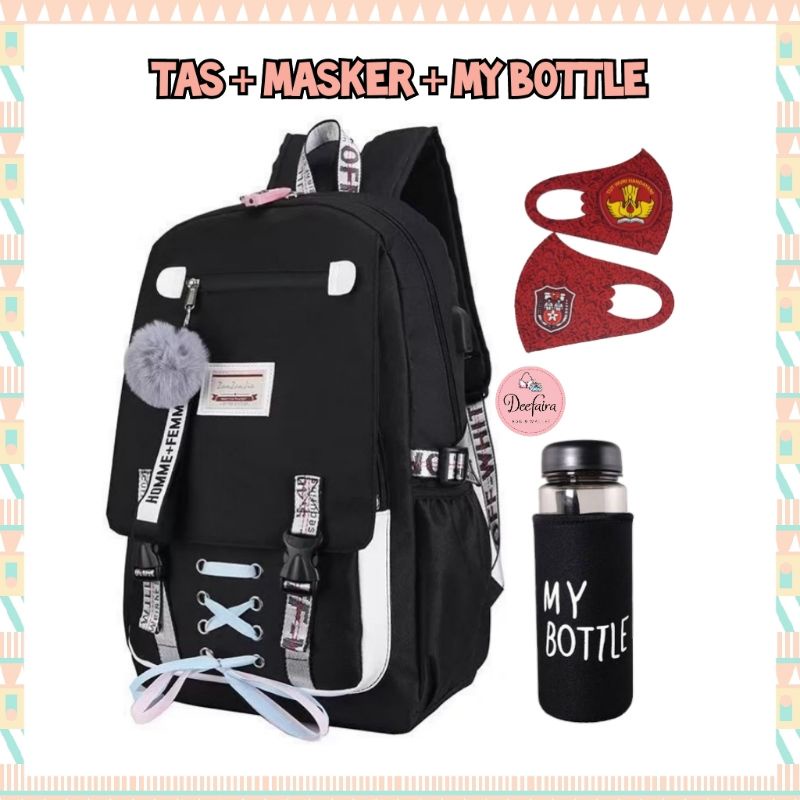 Tas Backpack Wanita Tas Punggung Sekolah Anak Perempuan Model Pita Plus Pompom dan My Bottle