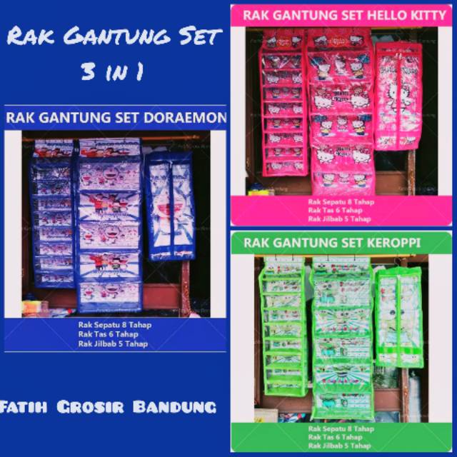 Paket Rak  Gantung  Set 3 in 1 Tas Sepatu Jilbab  2in1 Motif  