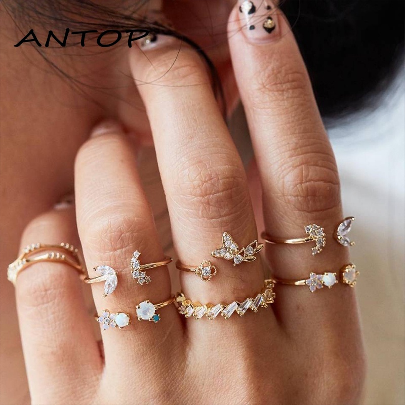 7 Set Cincin Bentuk Kupu-Kupu Bintang Bulan Warna Emas Gaya Retro Bohemian ANTOP