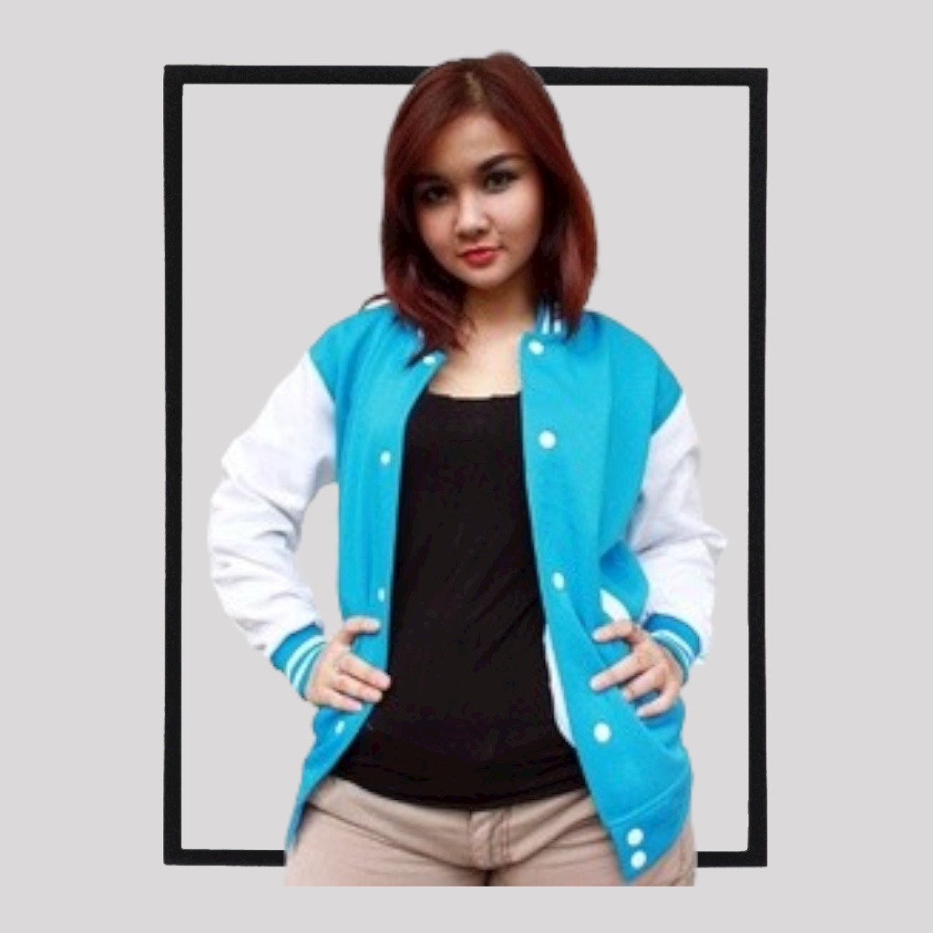 Sweater_id Jaket Baseball Turkis-Putih Polos Unisex