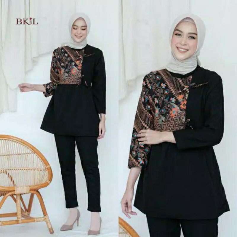 Atasan Batik Wanita PPBTK07 Modern Batik murah Cassual Atasanbatik Wanitabatik /Atasanwanita...-Blus pita hitam