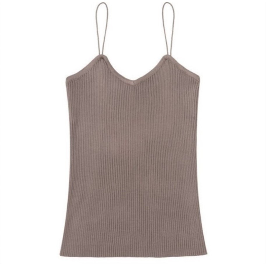 A01 Tanktop korea jepang tank top tali spaghetti V neck rajut lembut pakaian inner atasan wanita-Coklat