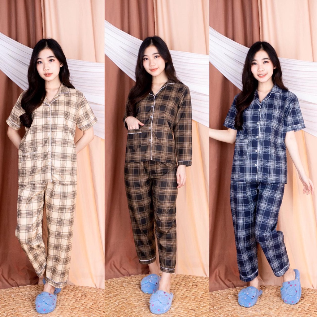 Setelan Piyama Baju Tidur Wanita Lengan Pendek Panjang Guilen Kotak Pajamas Cewek Dewasa Kekinian