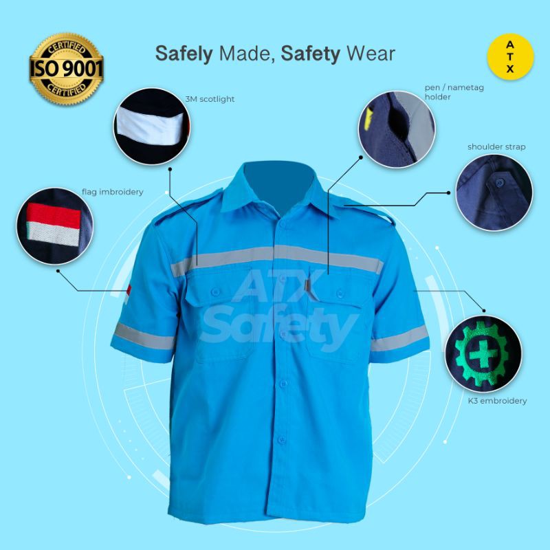 Wearpack Safety Baju Kerja Lapangan Lengan Pendek Merk ATX Biru PLN