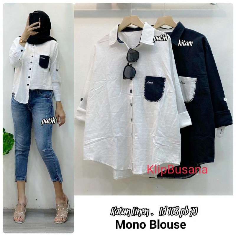 ATASAN BIG SIZE WANITA KATUN LINEN KEMEJA KERAH LD 100 108 TUNIK WANITA TERBARU L XL - MONO BLOUSE