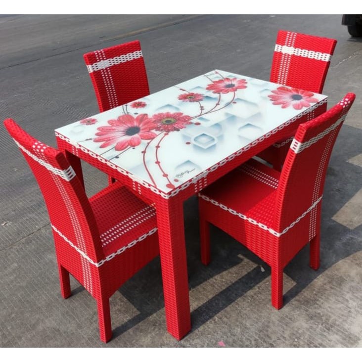 meja makan rotan kaca + 4 kursi