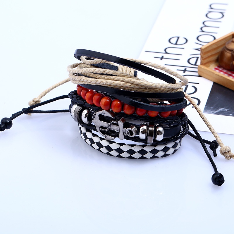 4pcs / 18CM Gelang Multilayer Bahan Kulit Aksen Jangkar Gaya Hip Hop Untuk Pria