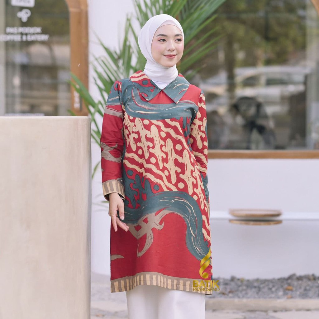 Batik Prabuseno Motif LIANA Tunik Atasan Batik Wanita Lengan Panjang Modern Original  Premium Baju P