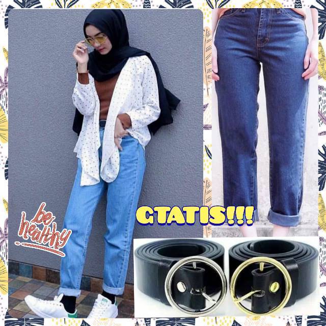  Celana  jeans wanita boyfriend  Dark medium  white blue 