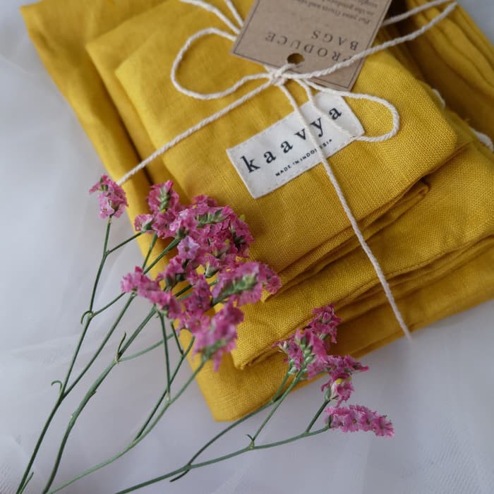 Unik Linen Produce Bags Set of 3/ Tas Serut/ Tas Belanja - YELLOW Diskon