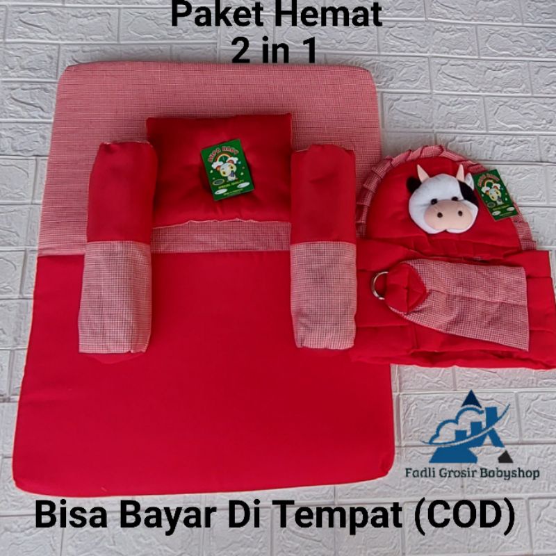 Paket Hemat (2 in 1) Gendongan Bayi Samping Topi Boneka Sapi Dan Kasur Matras Bayi Set Bantal Guling
