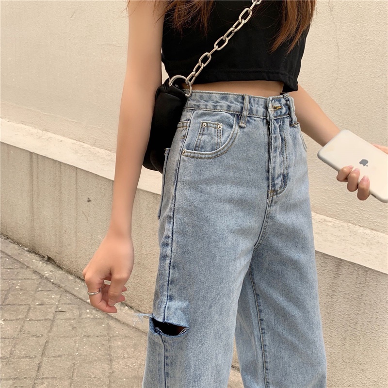 New Biru high waist robek straight leg celana jeans panjang wanita