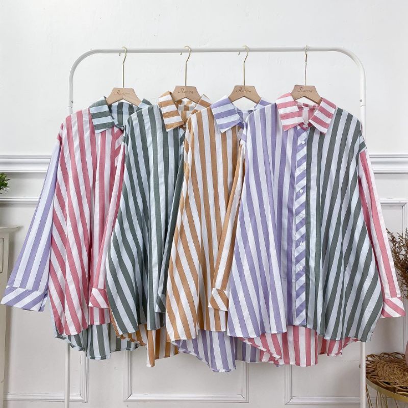 MIX STRIPE SHIRT | KEMEJA OVERSIZE ATASAN WANITA BAJU LENGAN PANJANG