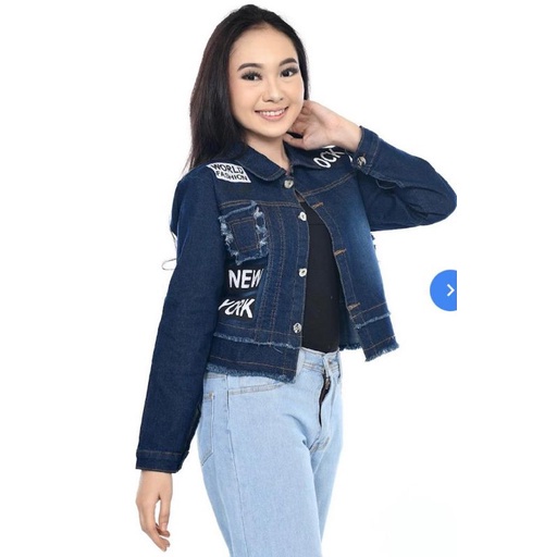 Jaket jeans crop wanita/Jaket jeans crop motif bordir rock new York/Jaket Levis import