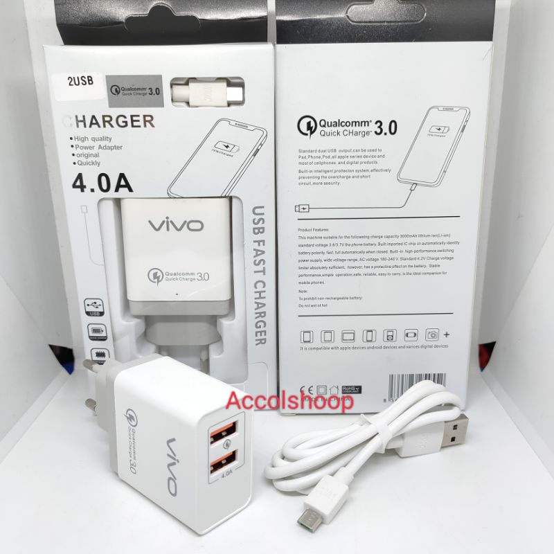 Charger Branded Vivo 4A 2 USB Quick Charge Cable Micro