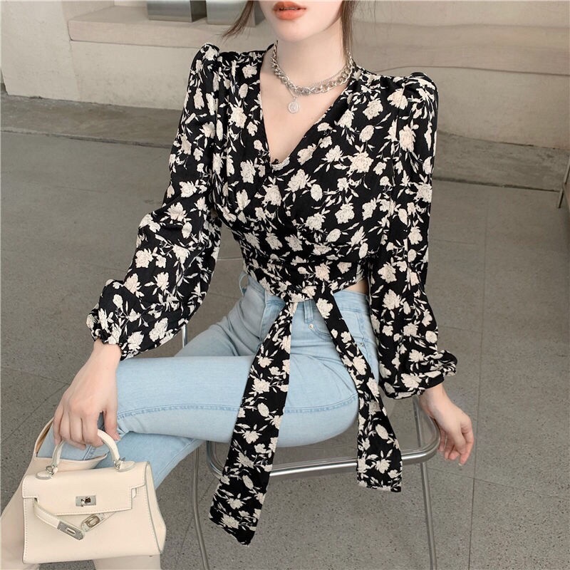 Hong Kong style retro V-neck shirt lace-up waist-controlled long sleeve floral shirt for women