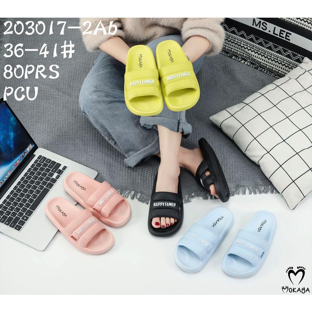 Sandal Slop Jelly Wanita Ban 3 Sambung Happy Family Tebal Empuk Keren Casual Elegant Import Mokaya / Size 36-41 (203017-2Ab)