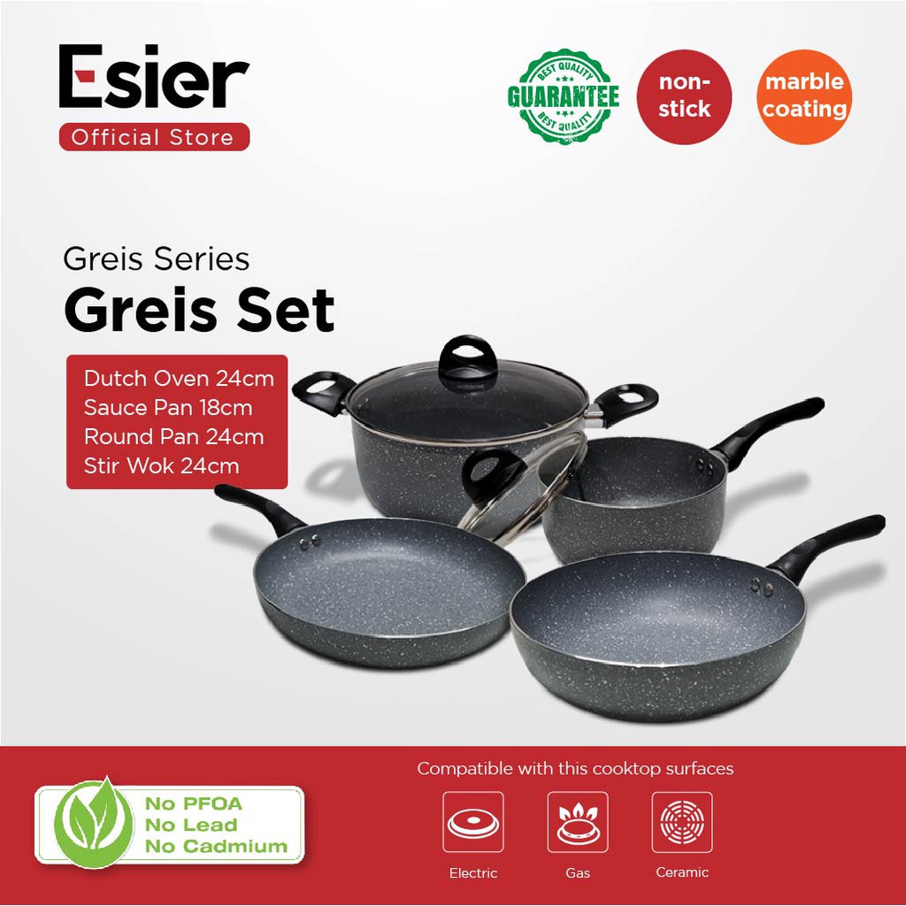Esier Cookware Greis Set ( Dutch Oven, Sauce Pan, Stir Wok, Round Pan Fry ) - Wajan Panci Teflon