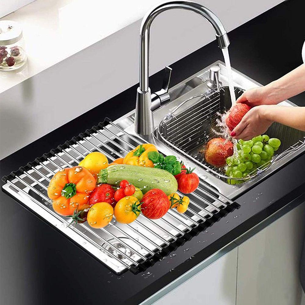 Top Over Sink Dish Drainer Rack Portable Aksesoris Dapur Alas Pengering Sayuran