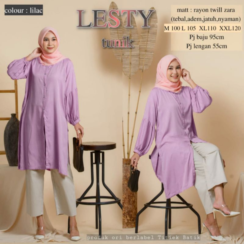 LESTY TUNIK RAYON WARNA PUTIH LILAC atasan kemeja panjang ld 100 110 120cm by nck