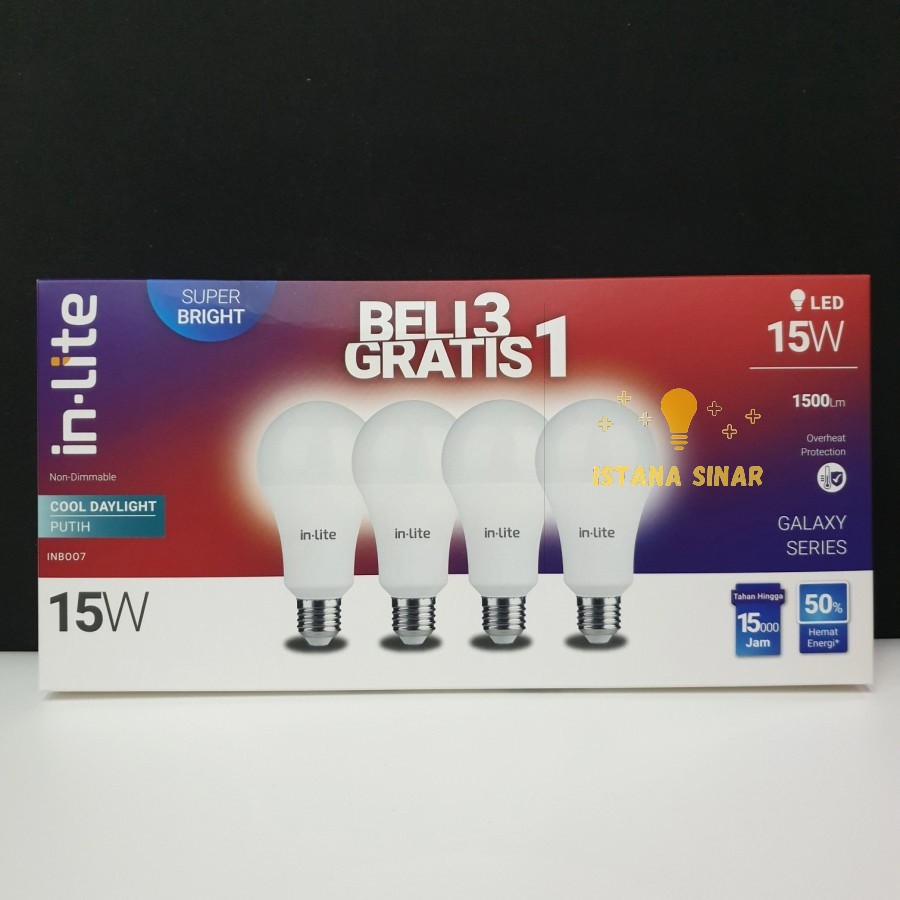 LAMPU LED BULB INLITE IN-LITE 3 GRATIS 1 15W 15 W WATT WT BERGARANSI