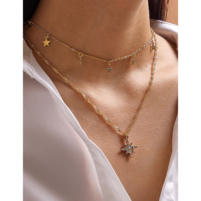 LRC Kalung Fashion Gold Color Snowflake Five-pointed Star Alloy Multilayer Necklace K92739