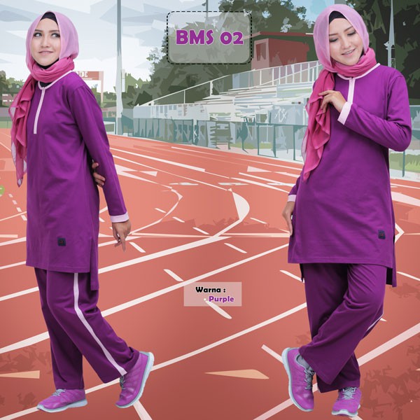 BAJU OLAHRAGA WANITA  MUSLIMAH  SYARI  BELIEVE BMS 02 WARNA  UNGU ORI