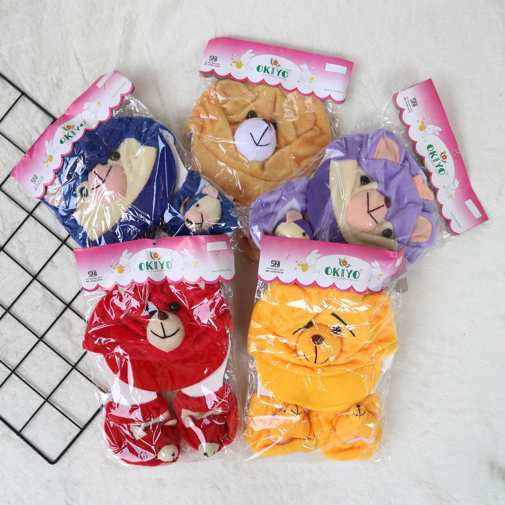 Topi Set Bulu OKIYO Character | 0-3 Bulan Topi Bayi Kaos Kaki Newborn Bulu Motif Pet - Bwr IX