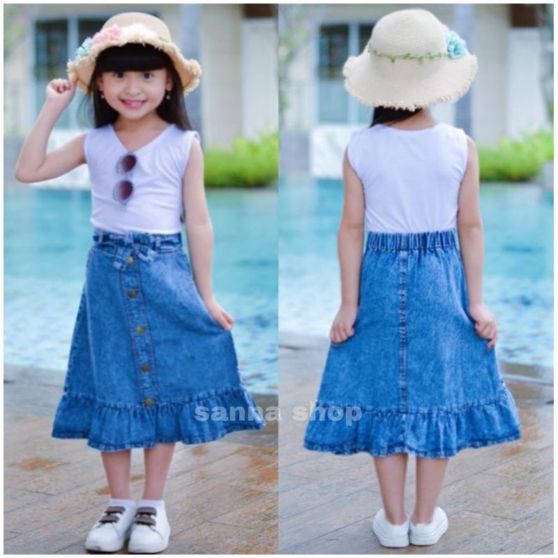 Rok jeans anak , Rok denim rempel 7/8