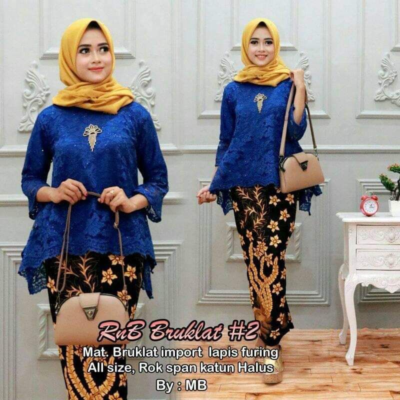 SETELAN RNB KEBAYA BRUKLAT BROKAT #2 MOTIF BATIK BIRU DONGKER NAVY NAVI ELEKTRIK LATTE GREY ABU SILV