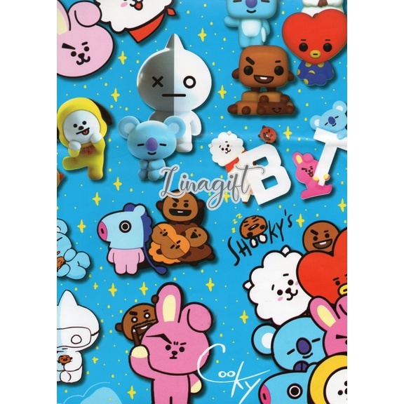 ( 5 Lembar ) SR KPOP - KERTAS KADO GLOSY - GIFT WRAP PAPER BT21 KOREAN BTS RJ MANG TATA COOKY CHIMMY CONNY KADO ULANG TAHUN CARTOON