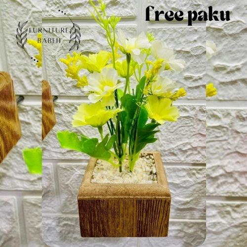 FURNITURE HIASAN RANGKAIAN BUNGA DAISY SET POT KAYU TEMPEL DINDING BUNGA PLASTIK ARTIFICIAL HIASAN SERBAGUNA