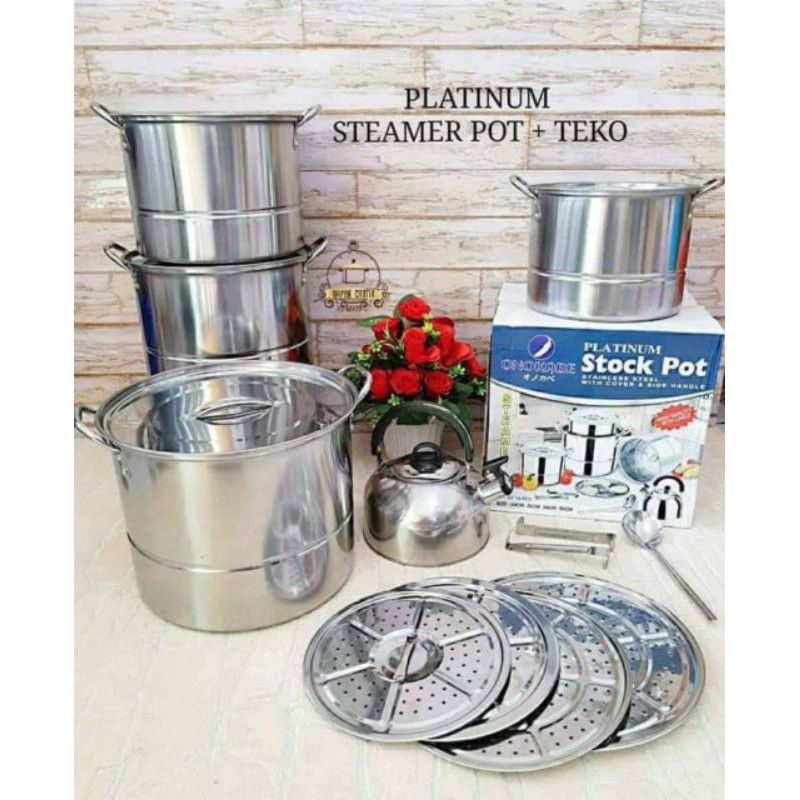 GS 555 Saito Panci Onokabe Stockpot Jumbo Stainless Steel + Steamer Panci set 14 PCS Dandang + Teko