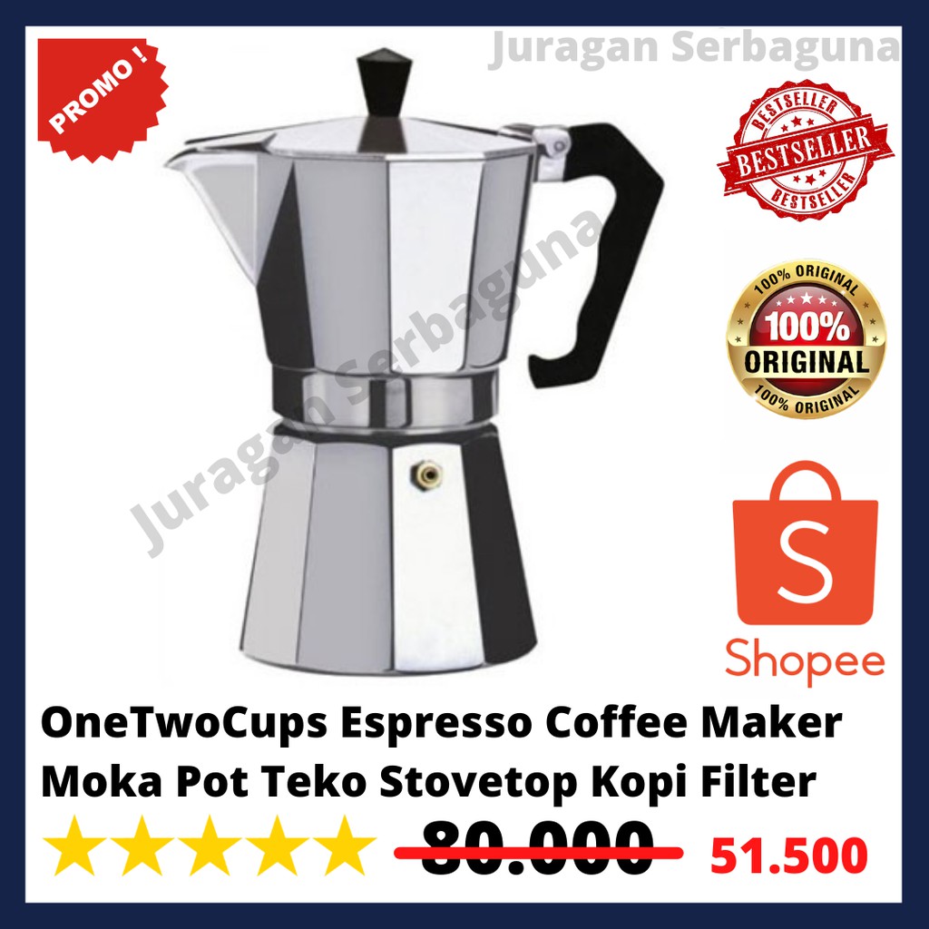 OneTwoCups Espresso Coffee Maker Moka Pot Teko Stovetop Kopi Filter